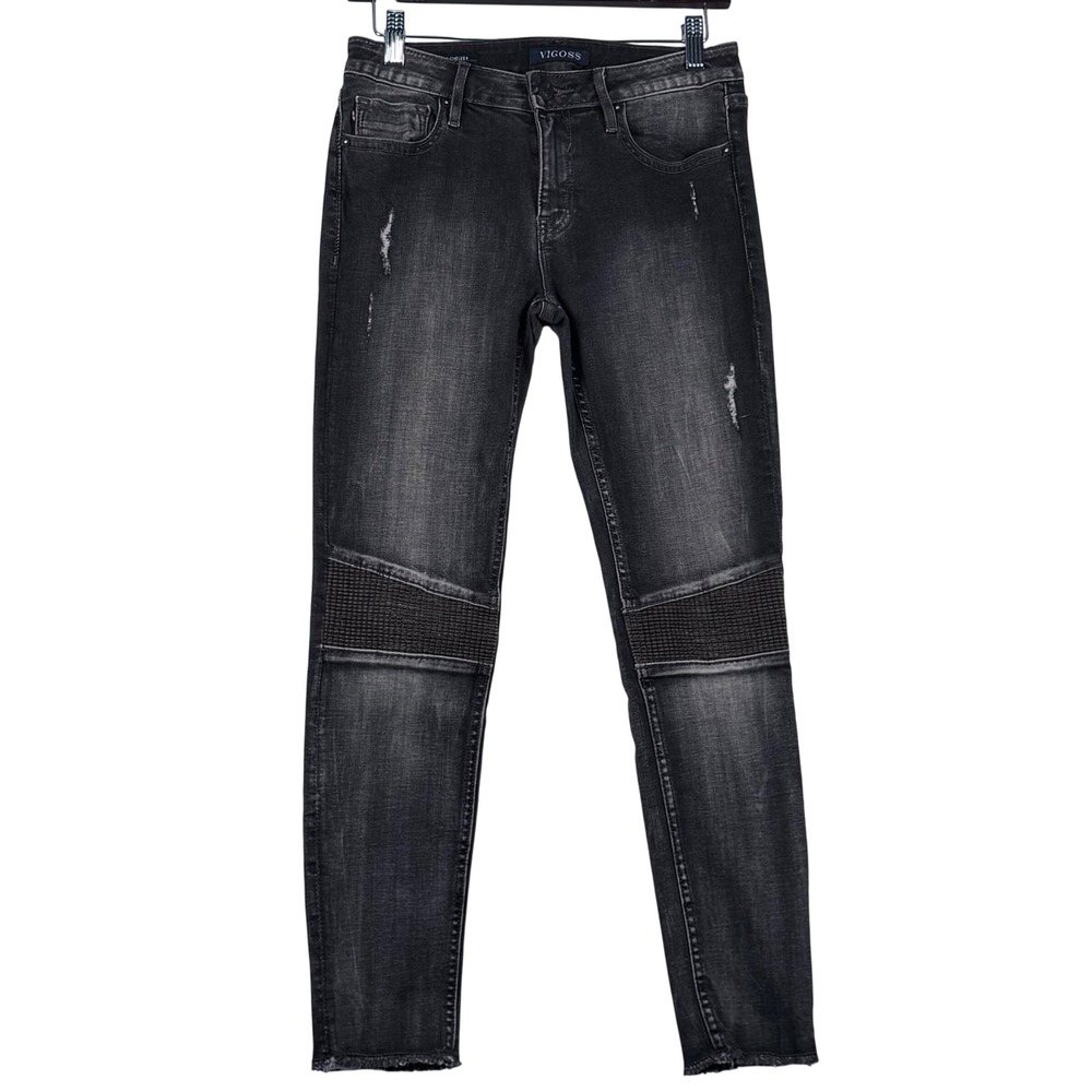 Vigoss 27 Chelsea Skinny Jeans Black Moto Ribbed Knee Distressed Raw Hem